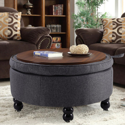 Linen Buttoned Ottoman Storage Footstool Grey