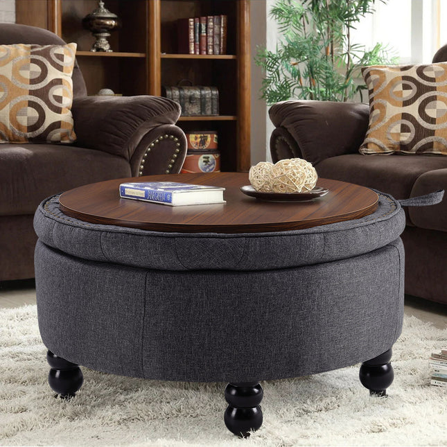 Linen Buttoned Ottoman Storage Footstool Grey