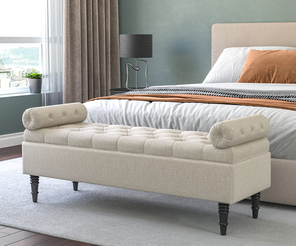 Beige Storage Bench with Side Arms