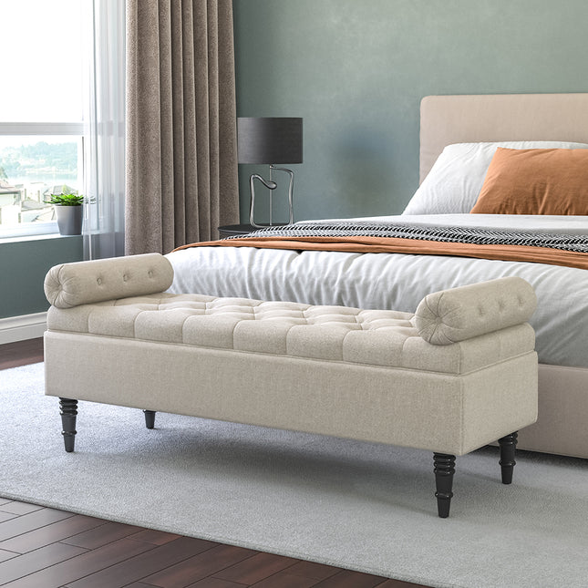 Beige Flip Top Storage Bench with Side Arms