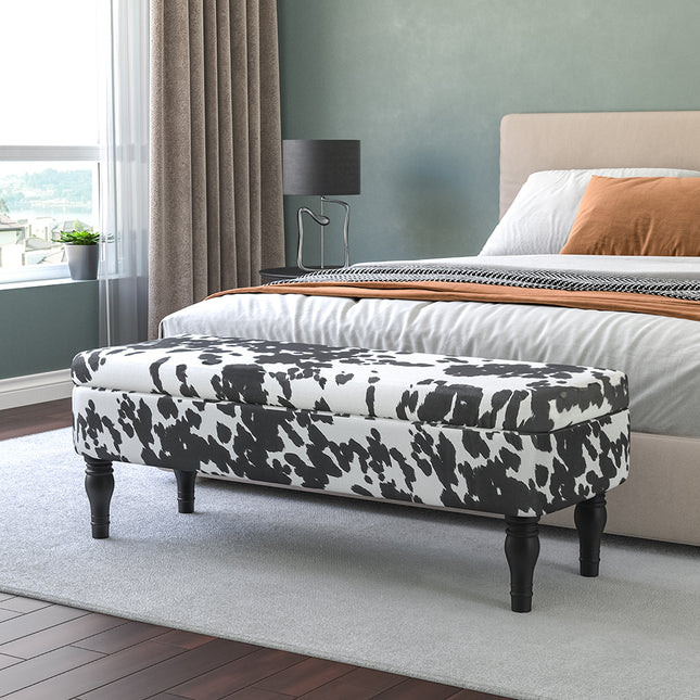 Cow Print Velvet Upholstered Storage Bench 110x46cm