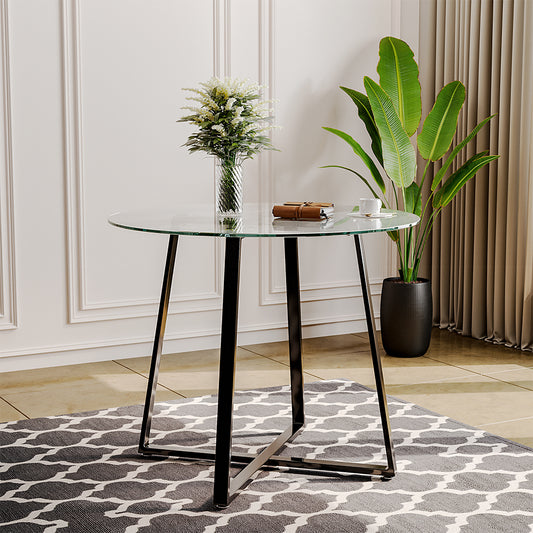 Black Modern Round Dining Table with Tempered Glass Top