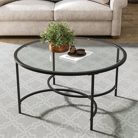 Black Modern Round Tempered Glass Coffee Table for Living Room