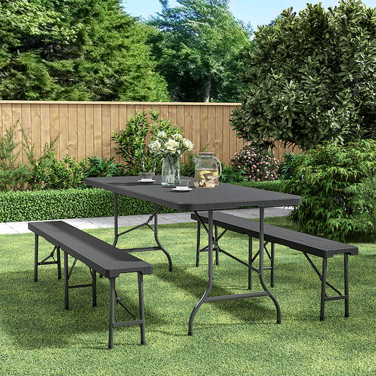 Black Set of 3 Plastic Outdoor Folding Table Bench Set
