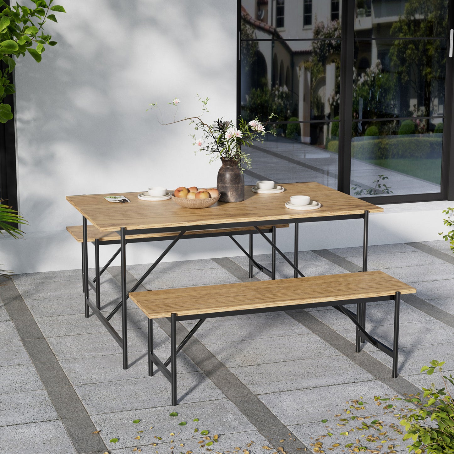 4 Seats Rustic Dining Table with Black Metal Base