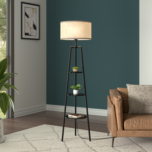 Round Shelf Floor Lamp with Fabric Lampshade