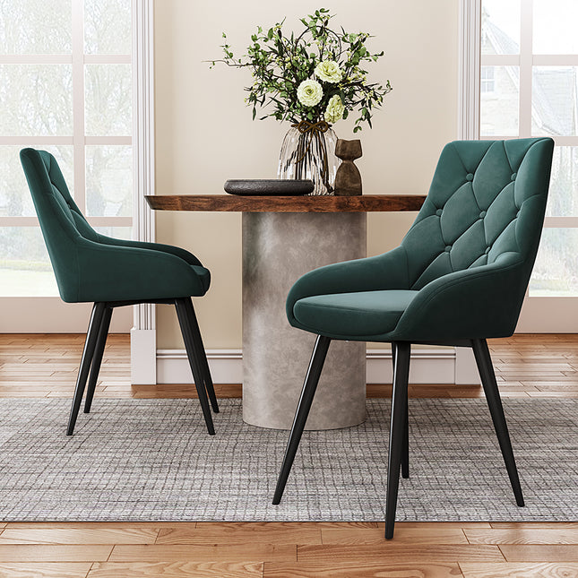 Set of 2 Green Velvet Metal Legs Button Upholstered Dining Chair 88cm H