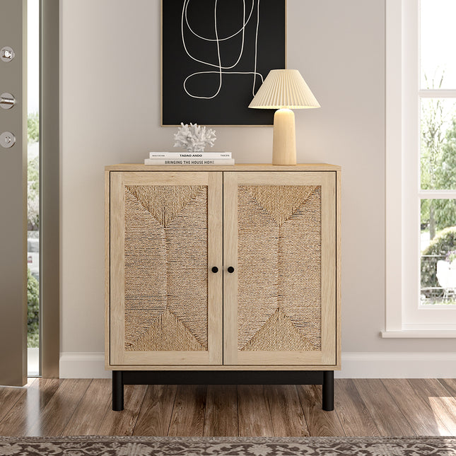 Rustic Wooden Sideboard with Woven Doors 77x80cm H