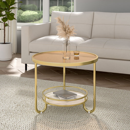 Gold 2 Tier Round Glass and Slate Coffee Table
