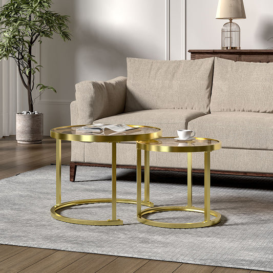 Set of 2 Gold Glass Round Nesting Coffee Table