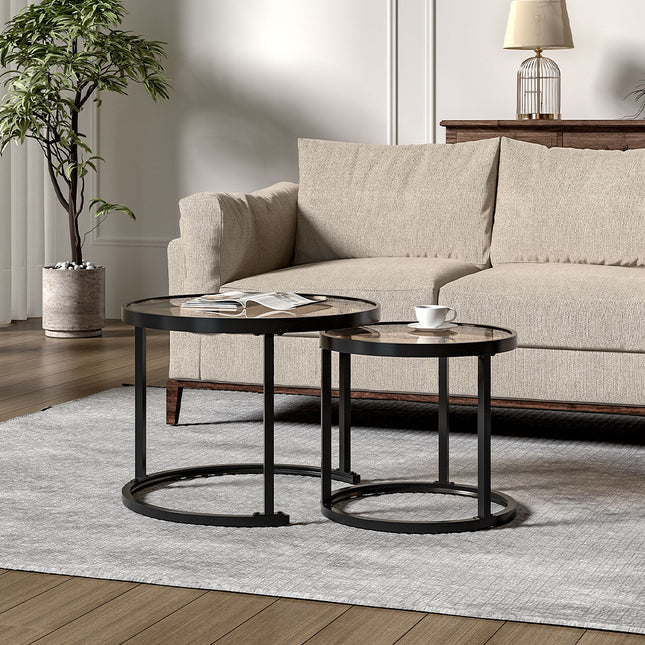 Set of 2 Black Glass Round Nesting Coffee Table
