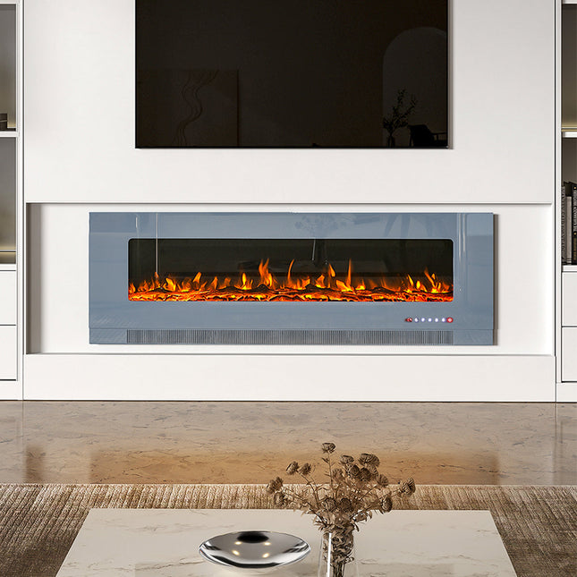 Grey 60-inch LED electric fireplace mounted on the wall with 12 different flame colors