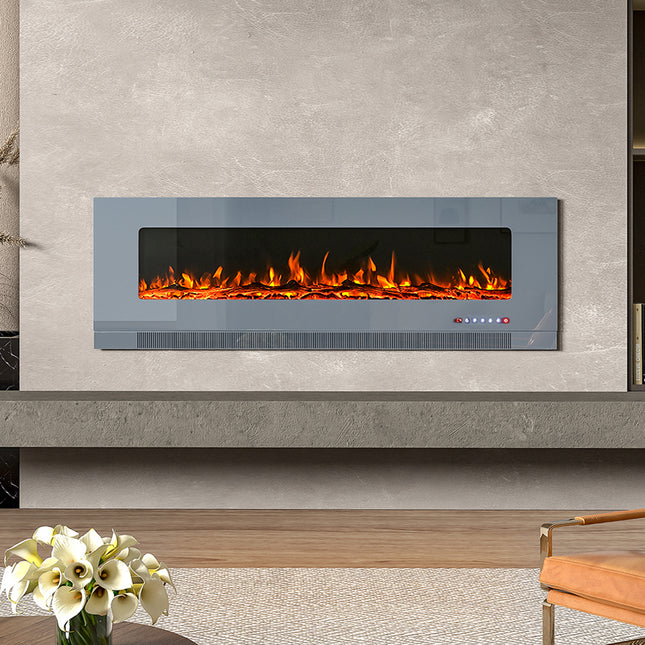 Grey 60-inch LED electric fireplace mounted on the wall with 12 different flame colors