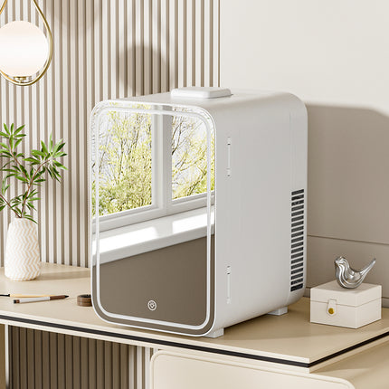 White 12L Mini Refrigerator for Home and Car Use with LED Mirror Door