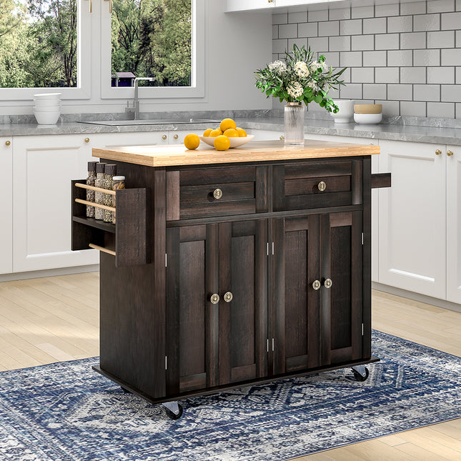 Wooden Kitchen Island Cart with Cabinets for Storage