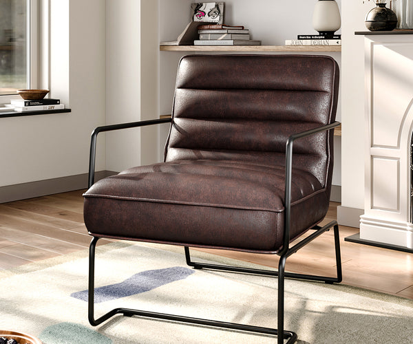 Mid Century PU leather Linen Armchair Metal Base
