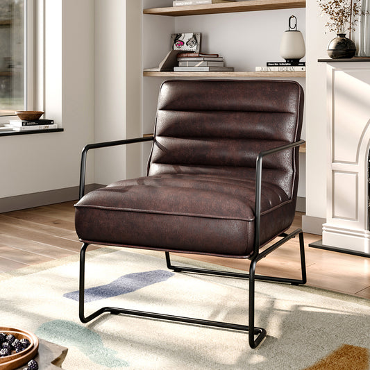Brown Mid-Century PU leather Linen Armchair with Metal Base