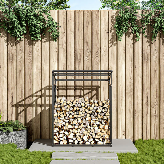 Grey 110cm Garden Metal Tube Firewood Rack with Roof