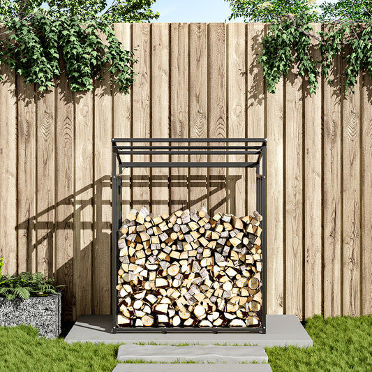 Grey 135cm Garden Metal Tube Firewood Rack with Roof
