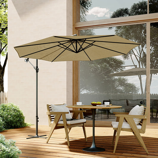Garden 3M Taupe Banana Parasol Cantilever Hanging Sun Shade Umbrella Shelter with Cross Base