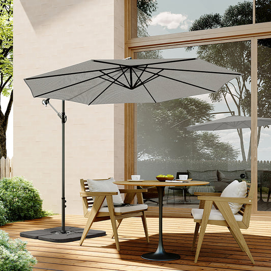 Garden 3M Light Grey Banana Parasol Cantilever Hanging Sun Shade Umbrella Shelter with Square Base