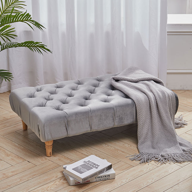 Grey Wood Leg Footstool with Velvet Buttons