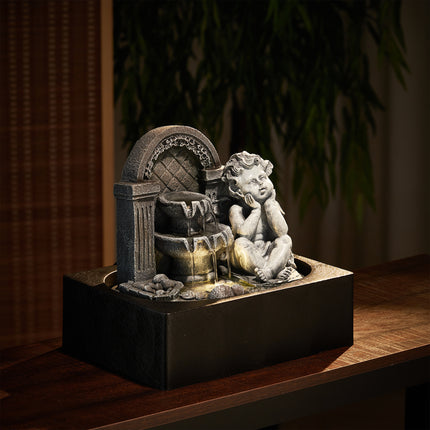 Tabletop Resin Cherub Fountain with LED Light