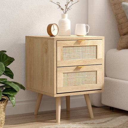 2 Pack Wood and Rattan Side Cabinet