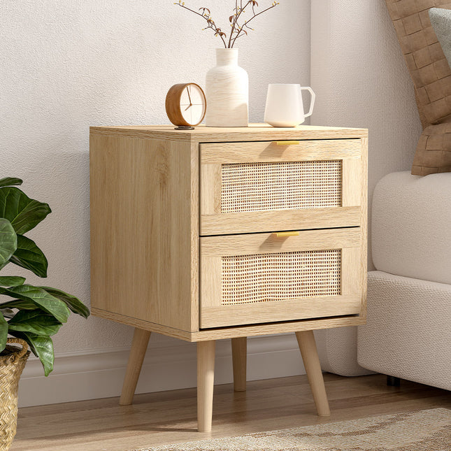 2 Pack Wood and Rattan Side Cabinet