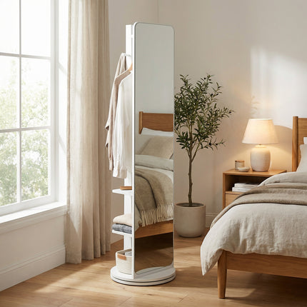 360° Rotating Full-Length Mirror with Coat Rack