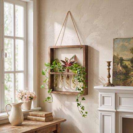 5-Tube Wall Hanging Plant Propagation Station with Wooden Frame