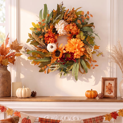 55cm Rustic Autumn Harvest Wreath Decoration with Sunflowers & Berries