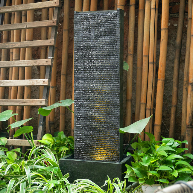 Rectangle Waterfall Stone Look Water Fountain with LED Light Black 98cm H