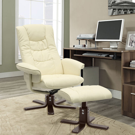 PU Leather Swivel Reclining Office Armchair with Footstool Beige