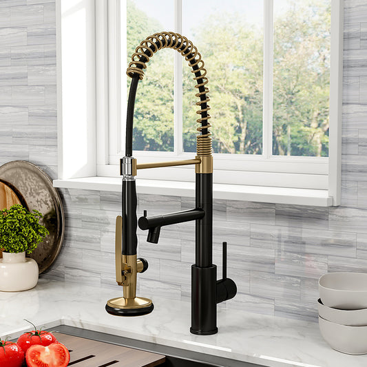 Swivel Kitchen Mixer Tap Dual Spout with Pull Down Sprayer and Pot Filler,Black and Golden