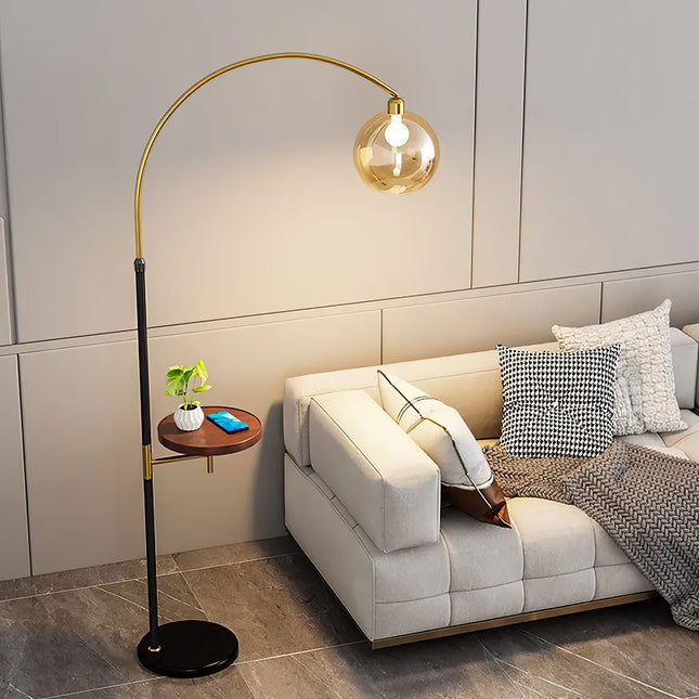 Modern Adjustable Arc Floor Lamp with Wood Tray