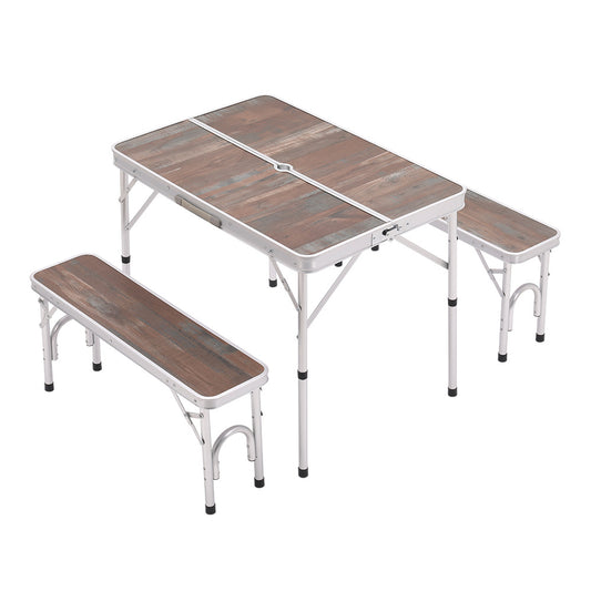 Brown Outdoor Picnic Table with Two Benches