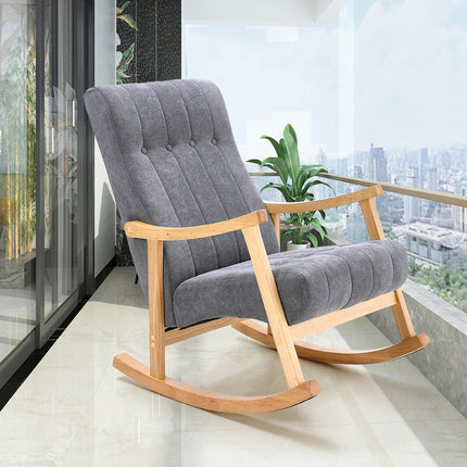 Dark Grey Velvet Upholstered Tufting Rocking Chair with Rubberwood Frame