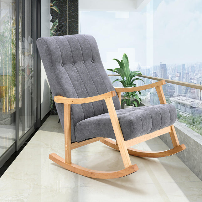 Dark Grey Velvet Upholstered Tufting Rocking Chair with Rubberwood Frame