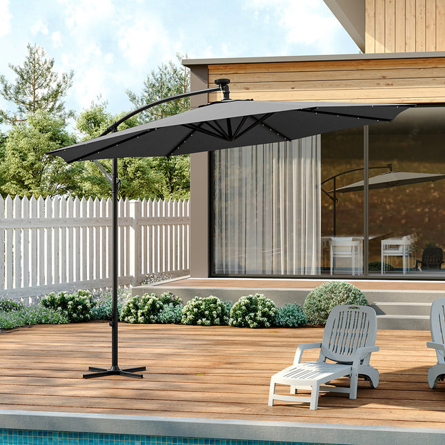 3M Large Garden Hanging LED Parasol Cantilever Sun Shade Banana Umbrella with Cross Base, Dark Grey