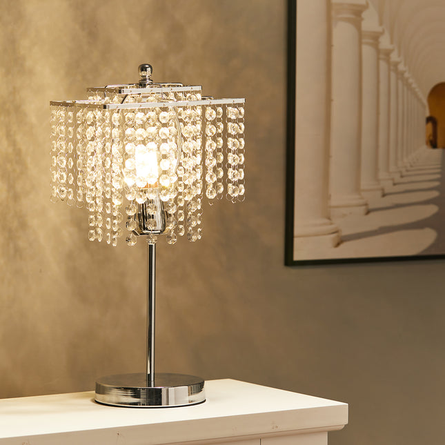 Modern Bedside Square Crystal Table Lamp Chrome Base