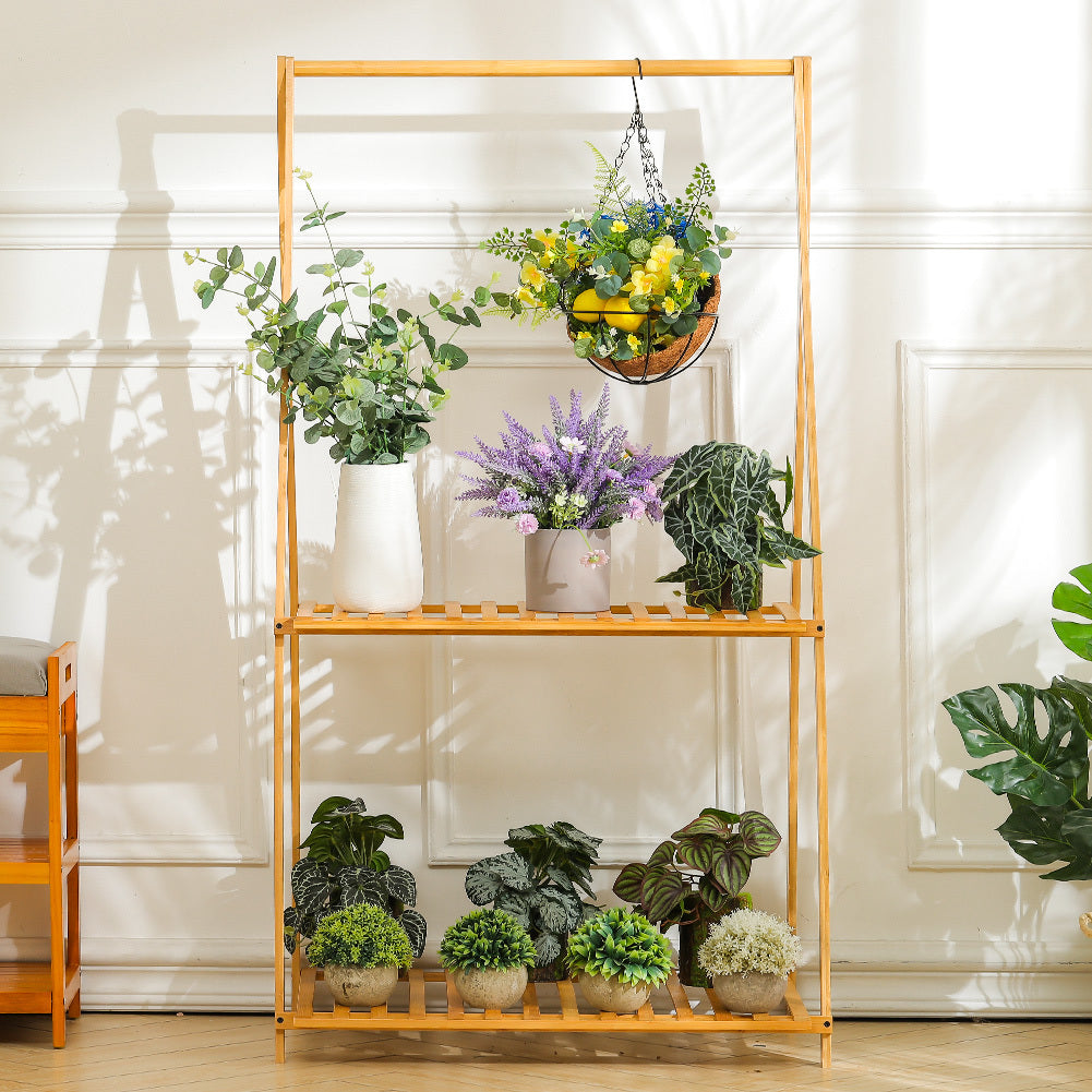 hanging plant holders uk 2 Tier Bamboo Hanging Plant Stand Folding Planter Shelves – Bathroom Deco