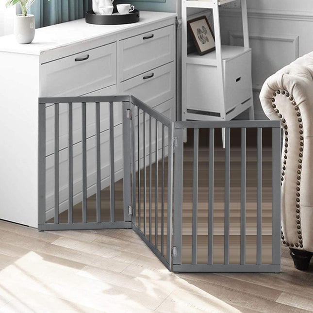 Foldable Wood Pet Free Standing Indoor Gate Grey 3 Panels