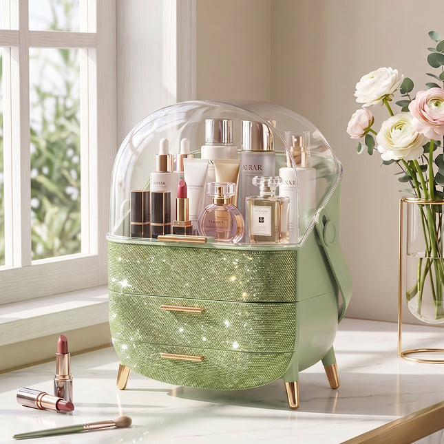 Countertop Portable Oval Makeup Storage Box with Transparent Cover
