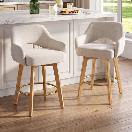 Set of 2 Swivel Chenille Upholstered Bar Stools with Wooden Legs