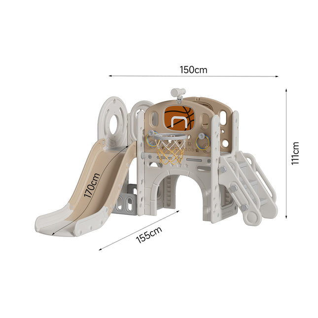 Brown Toddler Slide and Climber Playset with Basketball Hoop