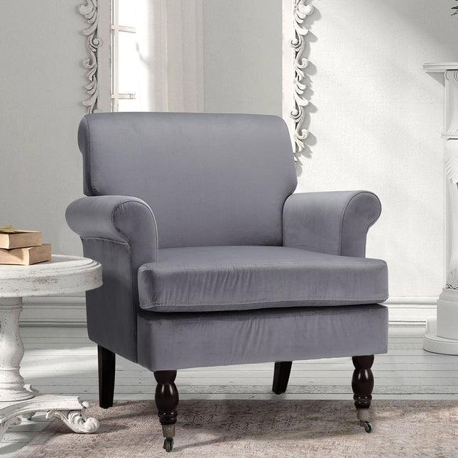 Contemporary Velvet Armchair with Wood Legs and Front Casters