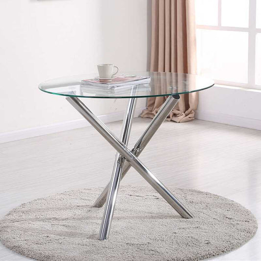 Tempered Glass Crossover Round Dining Table with 3 Chrome Legs