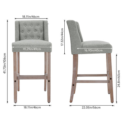 Rustic Set of 2 Bar Stools Linen Tufted with Wood Legs