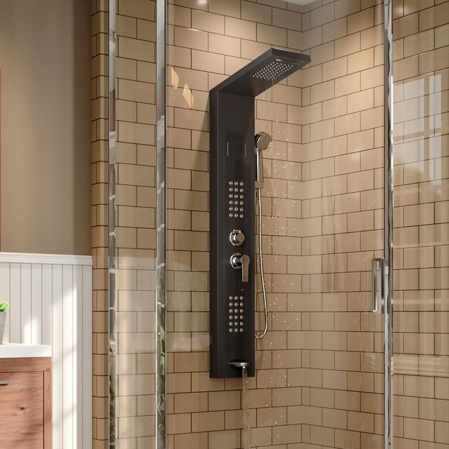 LED Temperature Display Shower Panel with 2 Body Jets Black